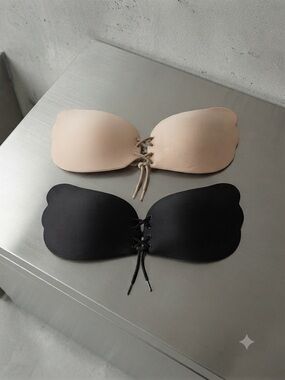 Two Lace-Up Strapless Adhesive Bandeau Bra — Black & Nude
